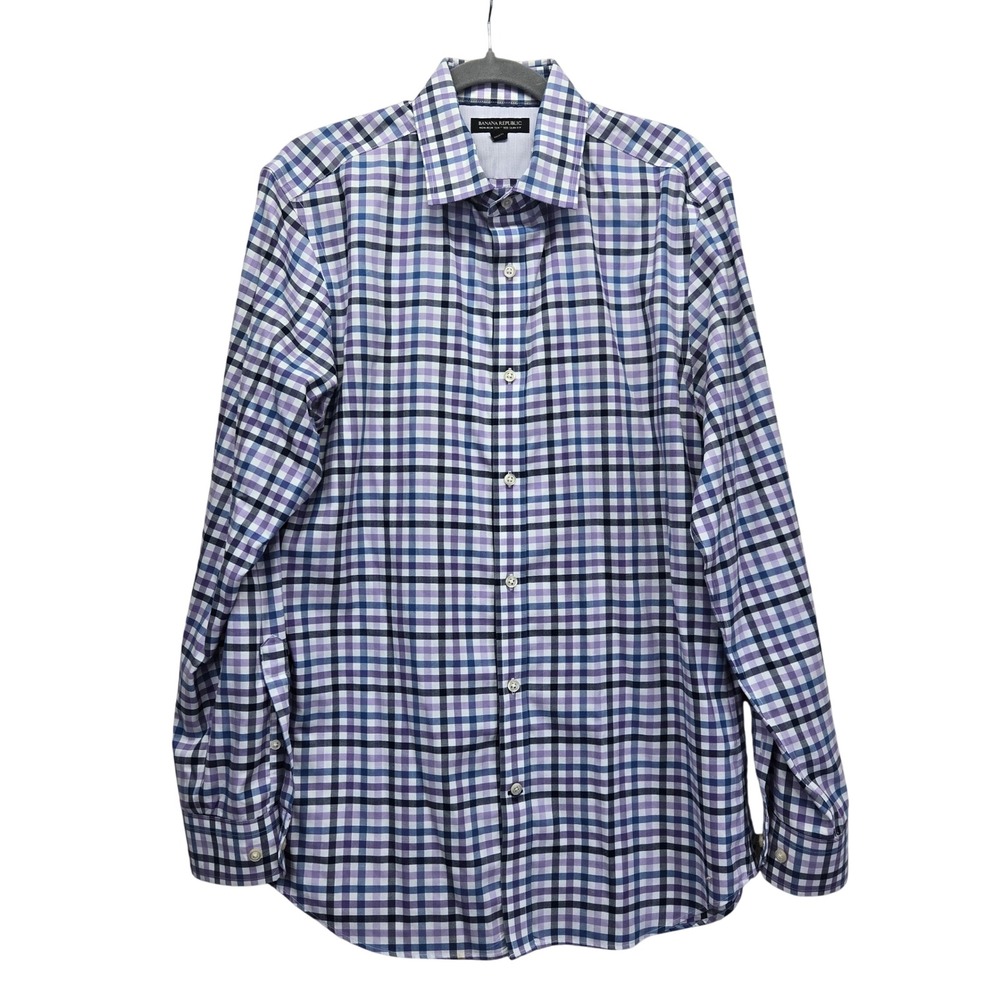 Banana Republic Mens Non-Iron Tailored Slim Fit Plaid Shirt Purple Blue‎ Large
